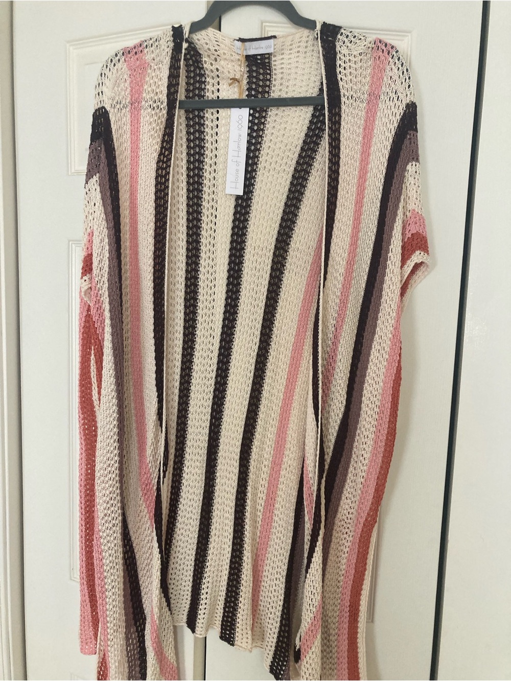 House of Harlow 1960 Open-Knit Striped Cardigan in Cream, Pink & Brown